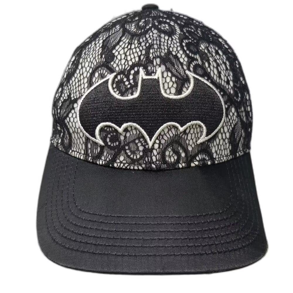 Batman Baseball Cap Black White One Size Lace Overlay Embroidered Hat Slideback